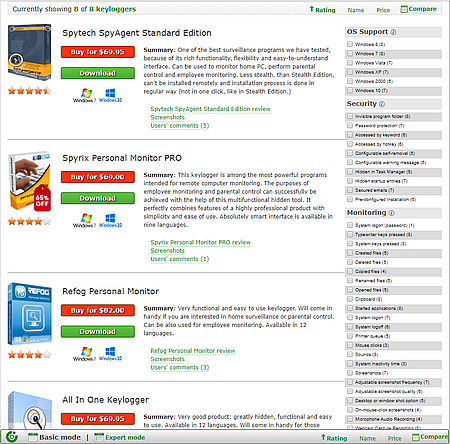 Mode de base. La façon la plus simple de choisir un Enregistreur de frappe. Pour les utilisateurs novices.
